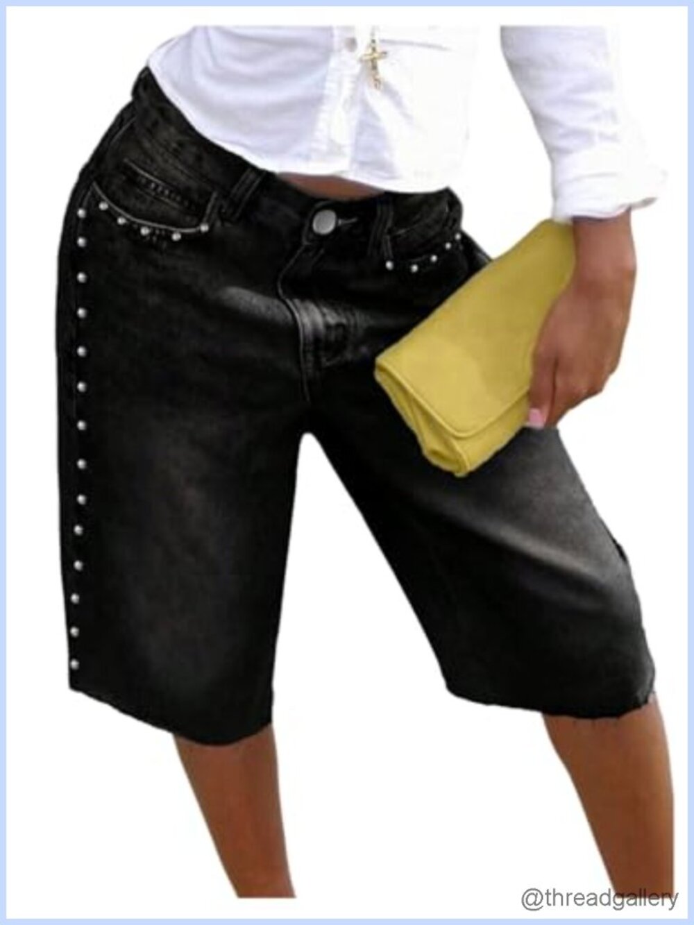 Women's Bermuda Denim Jean Shorts Studded Straight Leg Mid Rise Knee Length